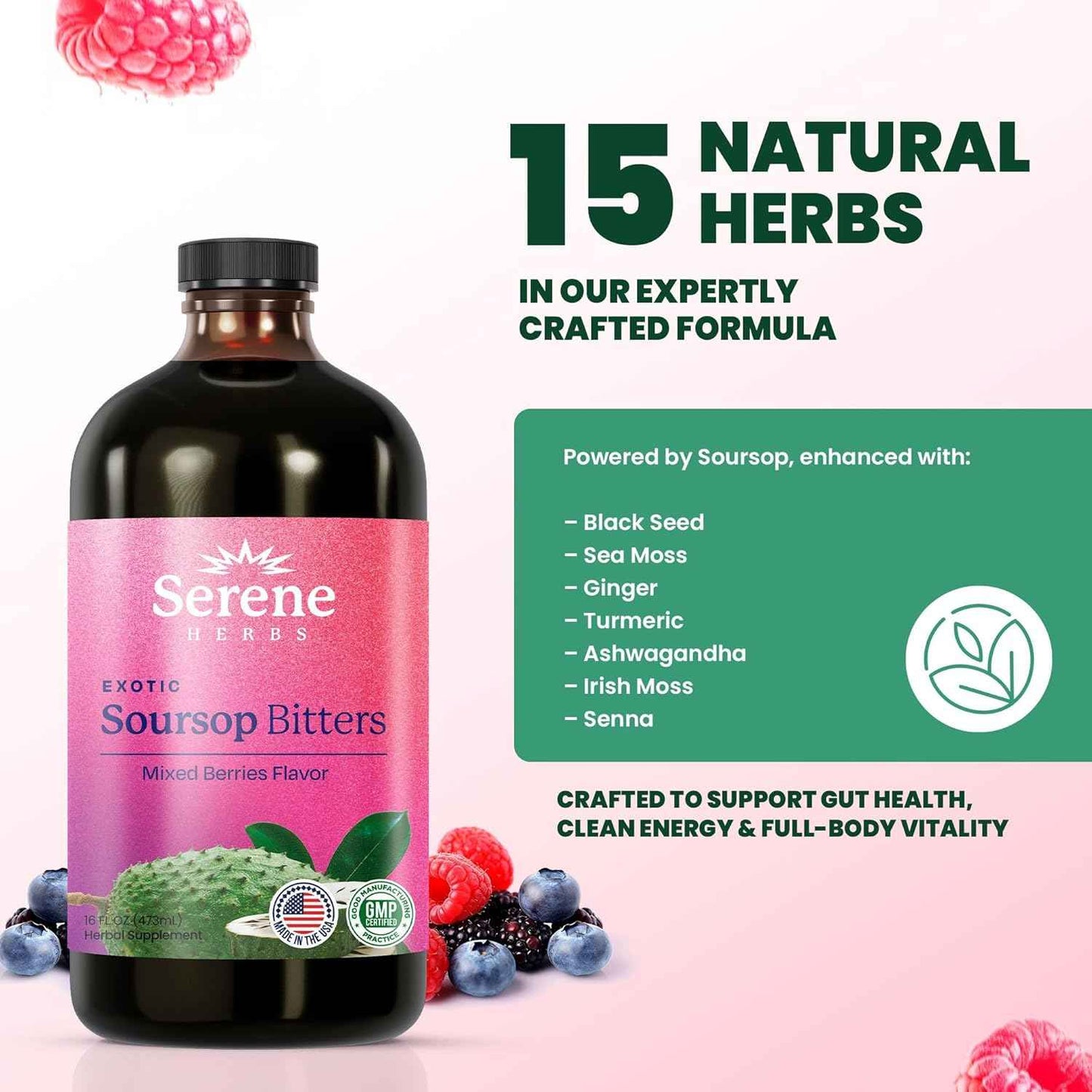 🌿 Soursop Bitters Herbal Formula - Serene Herbs Vitality 15™ 15-in-1 Premium Wellness Solution
